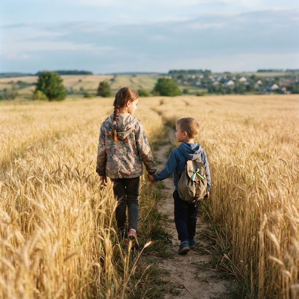 Children walking together through a sunlit field